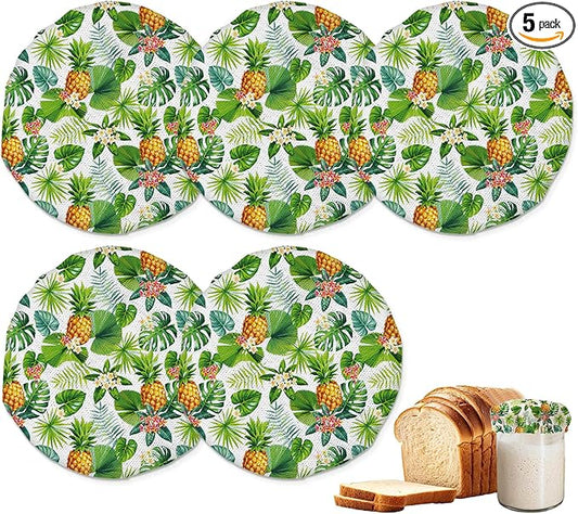Tropical Palm Leaves and Pineapples Sourdough Jar Cover Reusable Cloth Lid for Sour Dough Starter Jar,5 Pack Bread Fermentation Container Tops Elastic Fabric Caps