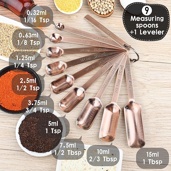 Copper Measuring Spoons Set 10, Stainless Steel Long Handle Metric & US Measuring Spoons for Kitchen & Baking, Spice Jar, with 1/16tsp, 3/3tsp, 2/3tbsp