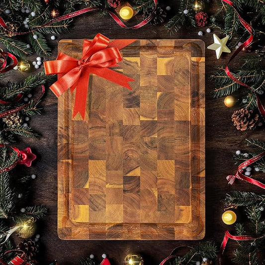 Yes4All Durable Acacia Wood Cutting Board for Kitchen, 24"x15"x1.5" Large End Grain Design, Pre-Oiled Thick Chopping Board with Juice Grooves and Easy Grip Handles, Ideal for Meal Prep and Serving