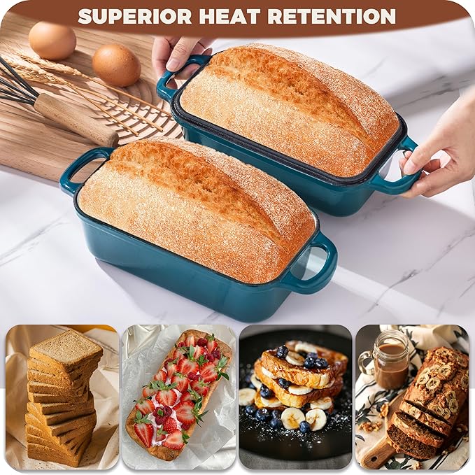 Cast Iron Loaf Pan With Lid, Enameled Bread Loaf Pan For Homemade Bread Sourdough, 2 In 1 Loaf Pans For Baking Bread 9x5, Even Heating Bread Dutch Oven, Teal