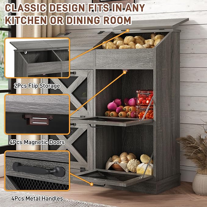 Large Wood Veggie Bin for Potato,Bread,Onion With 6 Large Storage Space. Root Vegetable Storage Box For Kitchen, Farmhouse Wood Potato Box With 4 Mesh Doors,32 * 12.4 * 36IN(Grey)