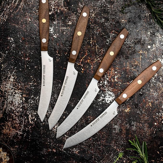Zepter Felix MIU non serrated steak knives set of 4. High-carbon ice-hardened Solingen steel, professional handmade German cookware. Chef handle, steak knife set without block: 4 filet/dinner knives