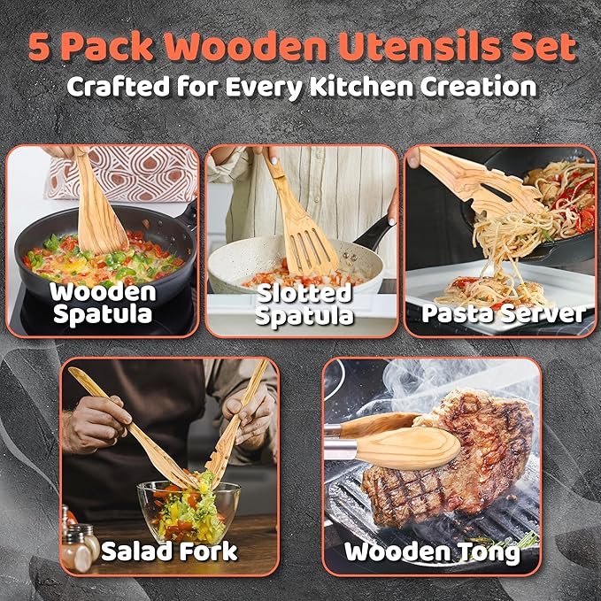 Olive Wood Cooking Utensils Set, 5 PCS Wooden Spoons for Cooking Includes Stainless/Wood Tong, Natural Non-Stick Wooden Utensils Set with Innovative Finger Groove & Non-Slip Notch Design