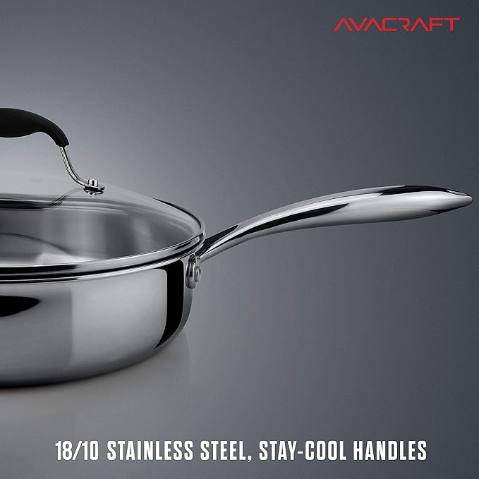 AVACRAFT 18/10 Tri-Ply Stainless Steel Saute Pan with Lid, Helper Handle, Induction & Stovetop, Versatile Stainless Steel Skillet, Cookware (3.5 Quarts)