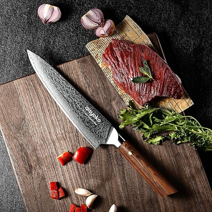 Damascus chef knife 8-inch sharp kitchen knife Japan VG-10 stainless steel ergonomic color wooden handle luxury gift box - with scabbard
