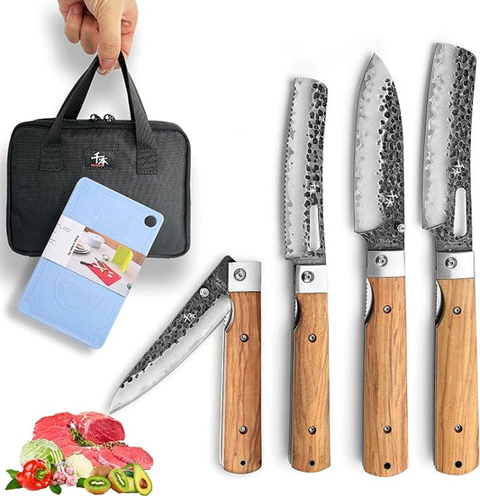 SENBON Forged 440A Stainless Steel Gift wrapped 4 piece set sharp pocket folding chef knife universal peeling bread knife set portable kitchen knives with natural olive handle