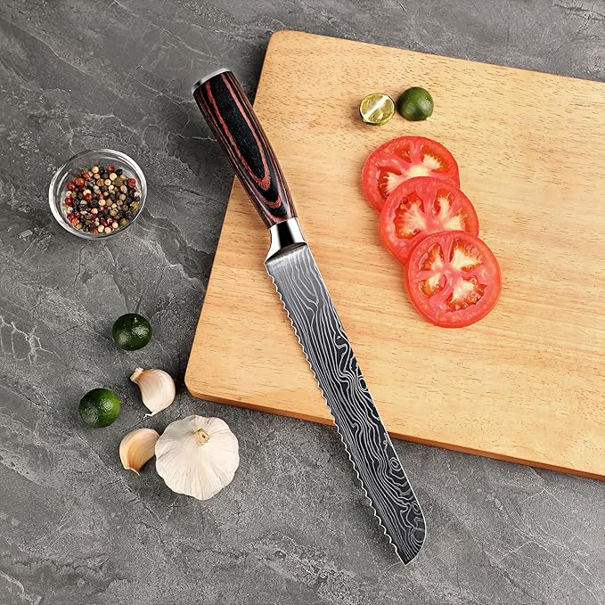 Seido Knives Master 8 Inch Serrated Bread Knife – High Carbon Stainless Steel Blade with Damascus Pattern Scalloped Serrations Full Tang & Ergonomic Pakkawood Handle