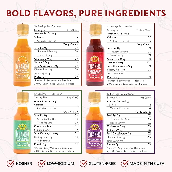 Tabañero Variety Hot Sauce Gift Set, 4 Pack, Kit Includes Peach Bourbon, Sriracha Honey, Key Lime Habanero, Sweet & Spicy, 1.7 oz Mini Glass Bottles, All Natural, Gluten Free, Low Sodium, Vegan, Kosher, Made in the USA