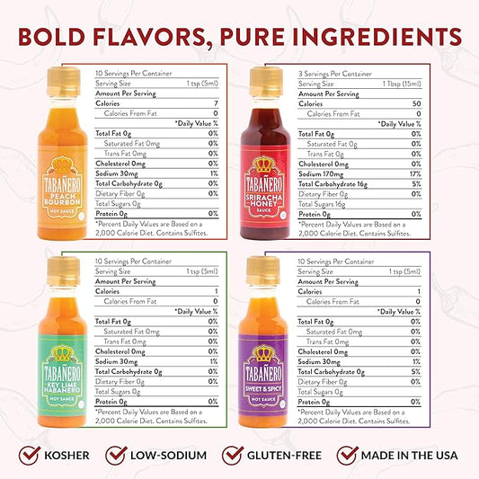 Tabañero Variety Hot Sauce Gift Set, 4 Pack, Kit Includes Peach Bourbon, Sriracha Honey, Key Lime Habanero, Sweet & Spicy, 1.7 oz Mini Glass Bottles, All Natural, Gluten Free, Low Sodium, Vegan, Kosher, Made in the USA