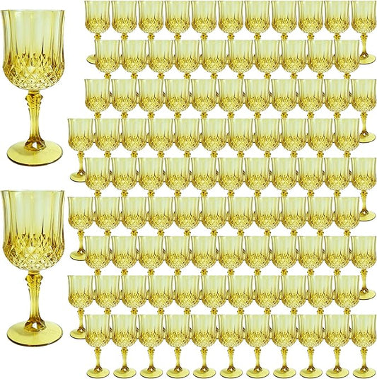 Plastic Wine Glasses,100PCS Gold Plastic Goblets Vintage Style Cordial Drinking Glasses for Wedding Reception, Grand Event Party Supplies (100, Gold)