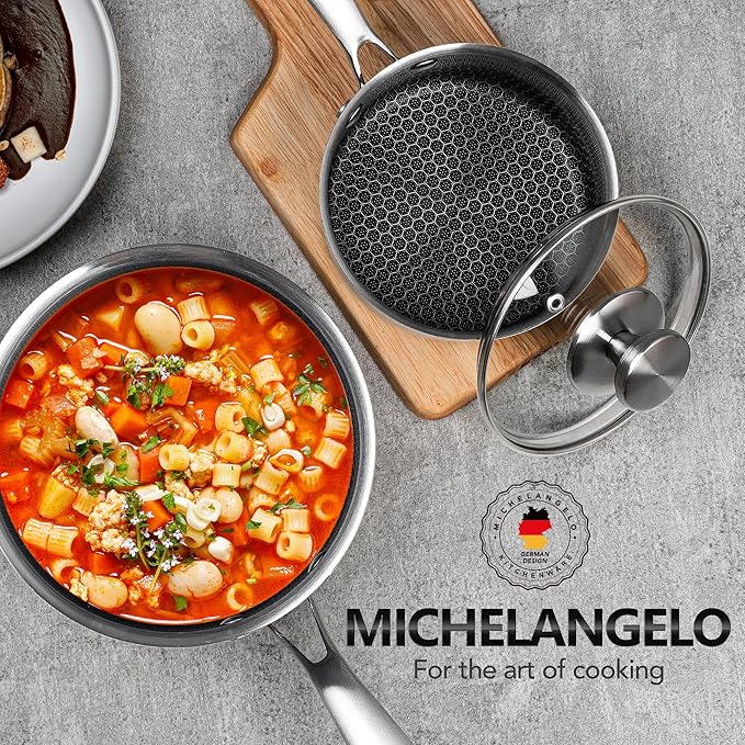 MICHELANGELO Stainless Steel Saucepan Set 1QT & 2QT & 3QT, Premium Triple Ply Sauce Pan with Lid, Sauce Pot with Honeycomb Interior - 6pcs