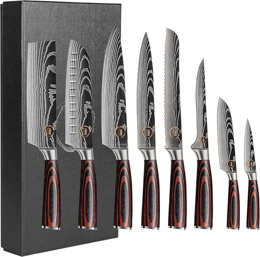 8 PC Chef Knives - High Carbon Stainless Steel Knives With Pakkawood Handles - NO Magnet or Block Included - Japanese Knife Set - Home & Professional Chef's Knife Set