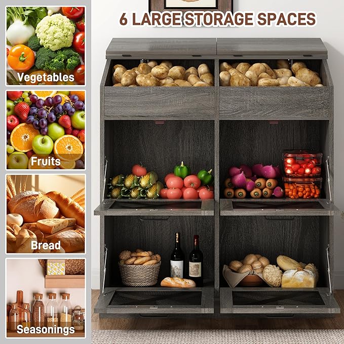 Large Wood Veggie Bin for Potato,Bread,Onion With 6 Large Storage Space. Root Vegetable Storage Box For Kitchen, Farmhouse Wood Potato Box With 4 Mesh Doors,32 * 12.4 * 36IN(Grey)