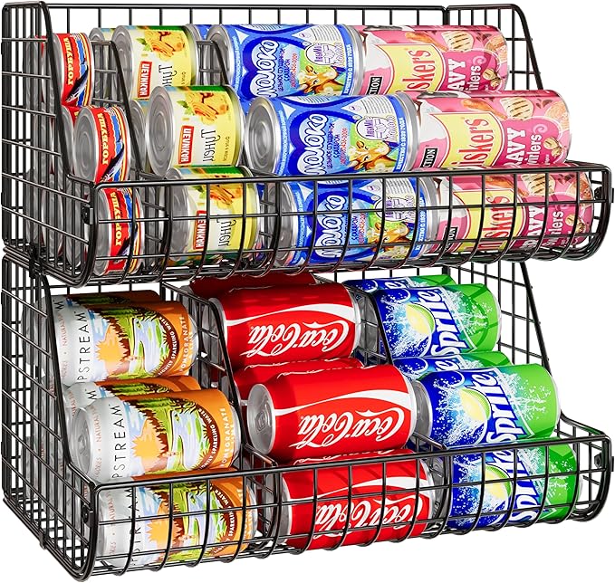 2-Tier Stackable Can Organizer for Pantry Shelves, 2 Pack Soda Can Organizer with 4 Adjustable Dividers, Kitchen Can Storage Organizer, Wire Drink Organizer, Metal Can Dispenser for Cabinets Shelf