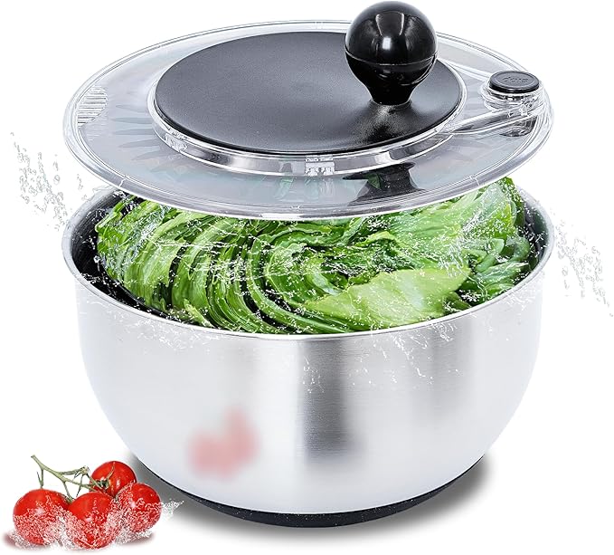 Stainless Steel Salad Spinner Large 5.28Qt - Lettuce Spinner With Strainer - Salad Spinners Best Rated For Home Kitchen Washing - - Includes Vegetable Slicer.