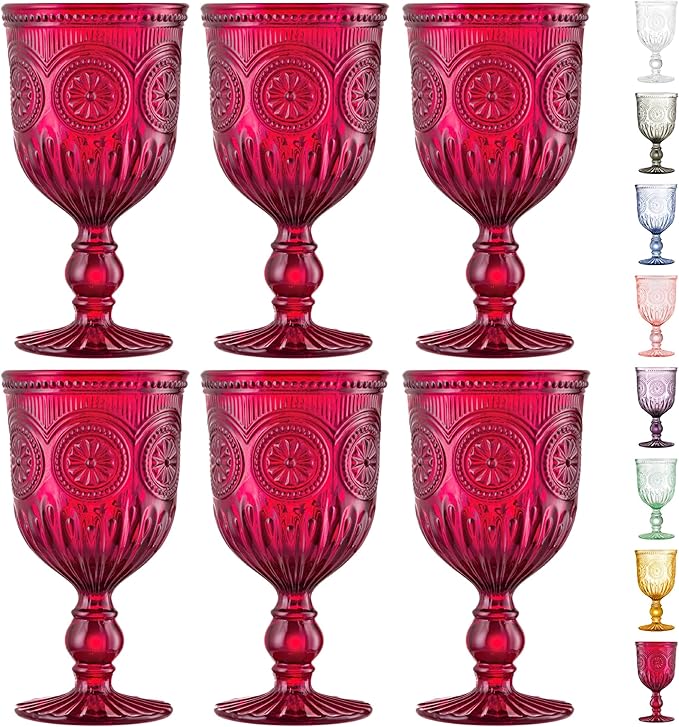 Yungala Red Goblets, Set of 6 Hand Crafted Red Colored Wine Glasses for lovers of red glassware, perfect for Valentines Day or Christmas Wine Glasses