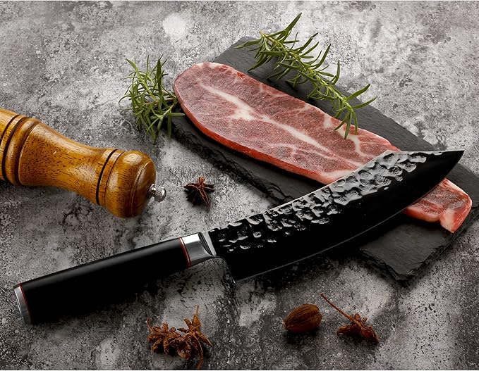YOUSUNLONG Butcher Knife - 8 Inch Meat cleaver - Japanese AUS8 Black Titanium Nitride Coated Steel - Super Sharp - Natural Ebony Handle