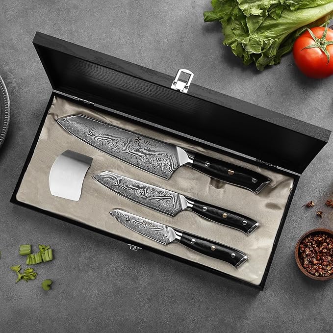 Wakoli NIT 3-Piece Kiritsuke Knife Set – Professional Damascus Kitchen Knives | 67-Layer VG10 Core Steel | Ergonomic G10 Handles | Japanese-Style Chef Knife Set in Wooden Gift Box