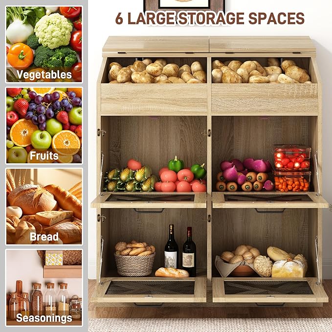 Large Wood Veggie Bin for Potato,Bread,Onion With 6 Large Storage Space. Root Vegetable Storage Box For Kitchen, Farmhouse Wood Potato Box With 4 Mesh Doors,32 * 12.4 * 36 INCH(OAK)