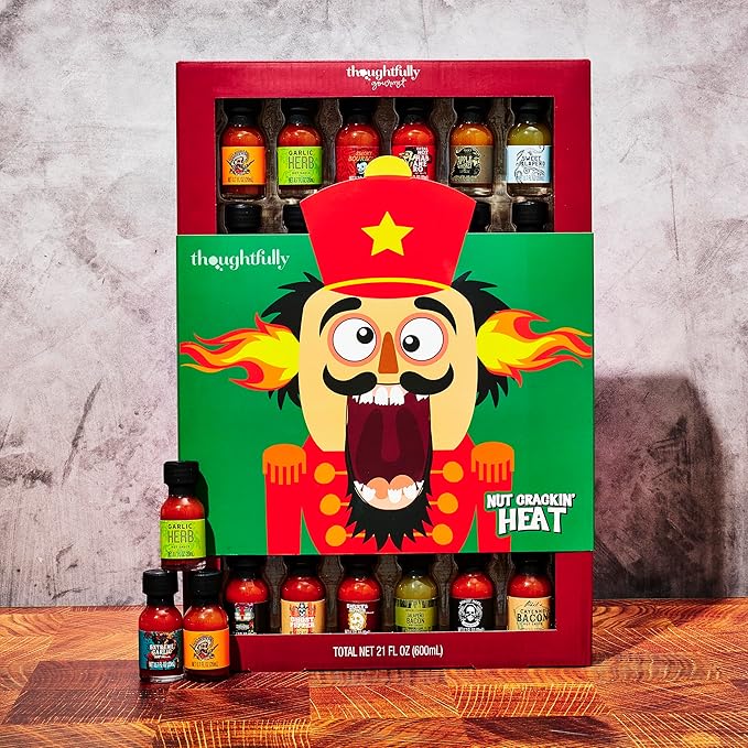 Thoughtfully Gourmet Holiday Hot Sauce Sampler Gift Set, 30-Pack with Unique Flavors Like Garlic Herb & Apple Whiskey, Festively Wrapped for Christmas