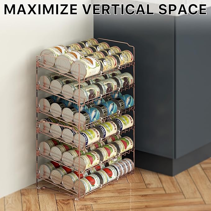 SIMPLE HOUSEWARE Stackable Can Organizer Rack for Pantry/Cabinet – 11.5" D x 17" W x 13.75" H, Holds 36 Cans, 3-Tier Can Food Storage Dispenser, Rose Gold