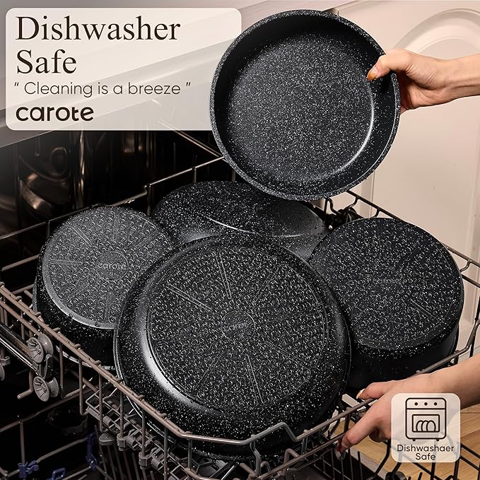 CAROTE Pots and Pans Set Non Stick, Cookware Sets, Kitchen Set, Oven/Dishwasher/Fridge Safe, Space Saving Pots Set, Nonstick Set with Versatile Detachable Handle, Induction RV Set, Black