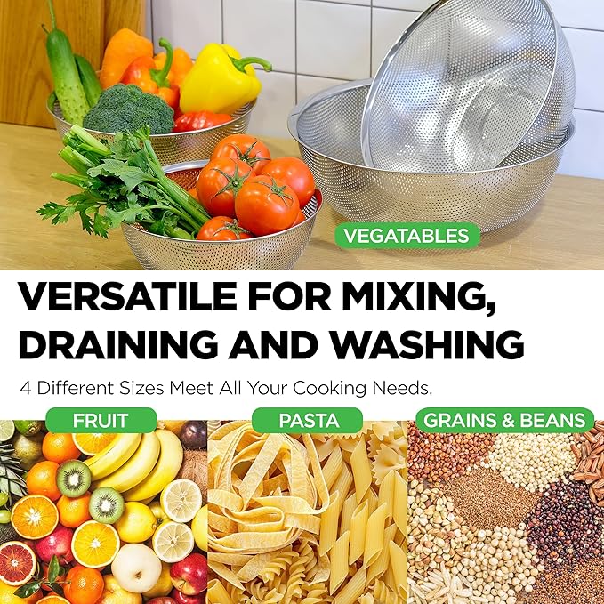 Premium 18/8 304 Stainless Steel Micro-Perforated Small and Big Colander Set of 4 with rings - 3.5-5.5-7.5-9.5 Quart Set, Self-Draining Solid Base for Pasta, Fruits, Vegetables