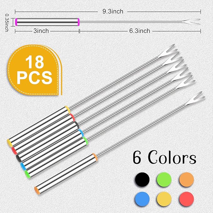 18 PCS Fondue Forks Stainless Steel,9.3inch Color Coding Cheese Fondue Forks with Heat Resistant Handle,Fondue Sticks for Chocolate Fountain Dessert Meat Barbecue Roast Marshmallows,6 color