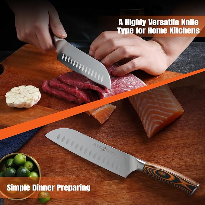 TUO Santoku Knife, 7 inch Japanese Chef Knife for Vegetable Chopping & Meat Dicing, High Carbon German Steel, Ergonomic Handle - Fiery Phoenix Series