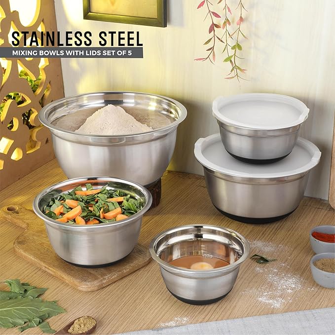 Avador Premium Stainless Steel Mixing Bowls with Lids Non-Slip, Set of 5 Mixing Bowl Set with Silicone Base, Space Saving, Great for Cooking, Baking, Prepping (0.25qt, 1qt, 1.5qt, 3qt, 5qt)