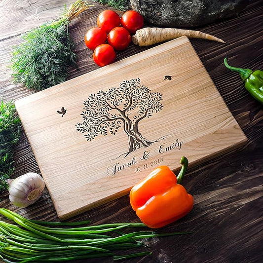 Personalized Maple Wood Cutting Board – Custom Family Tree Engraving with Couple's Names – 10x14 Inches – Gift for Wedding, Anniversary, Christmas, Housewarming – Great for Parents and Friends