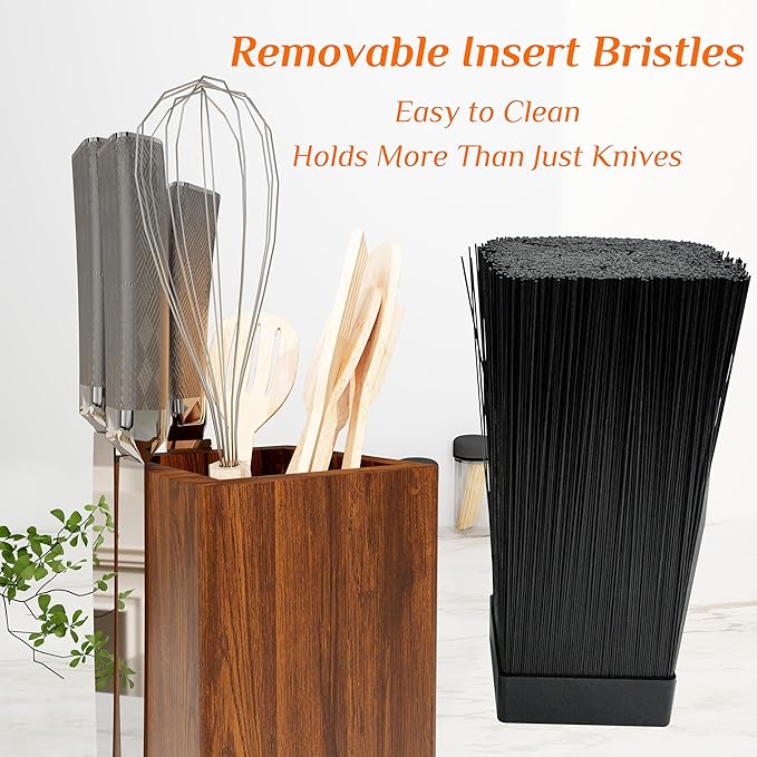 360° Rotating Magnetic Knife Block without Knives - Universal Holder for Counter Top with Removable Bristles, Acacia Wood