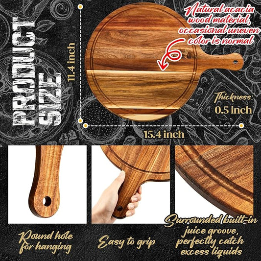 Nuenen 30 Pcs Round Wood Cutting Board with Handle Acacia Bamboo Wooden Serving Kitchen Chopping Boards for Pizza, Bread, Cheese, Charcuterie, Fruit, Vegetables (Acacia)