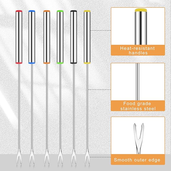 18 PCS Fondue Forks Stainless Steel,9.3inch Color Coding Cheese Fondue Forks with Heat Resistant Handle,Fondue Sticks for Chocolate Fountain Dessert Meat Barbecue Roast Marshmallows,6 color