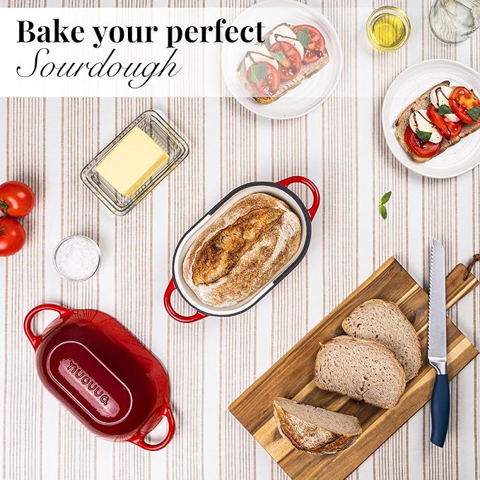 Dutch Oven For Sourdough Bread Baking – Enamelled Cast Iron Bread Loaf Pot – Oven Safe Non Stick Bread Pot – Rectangular, Red, 24cm x 16cm – by Nuovva
