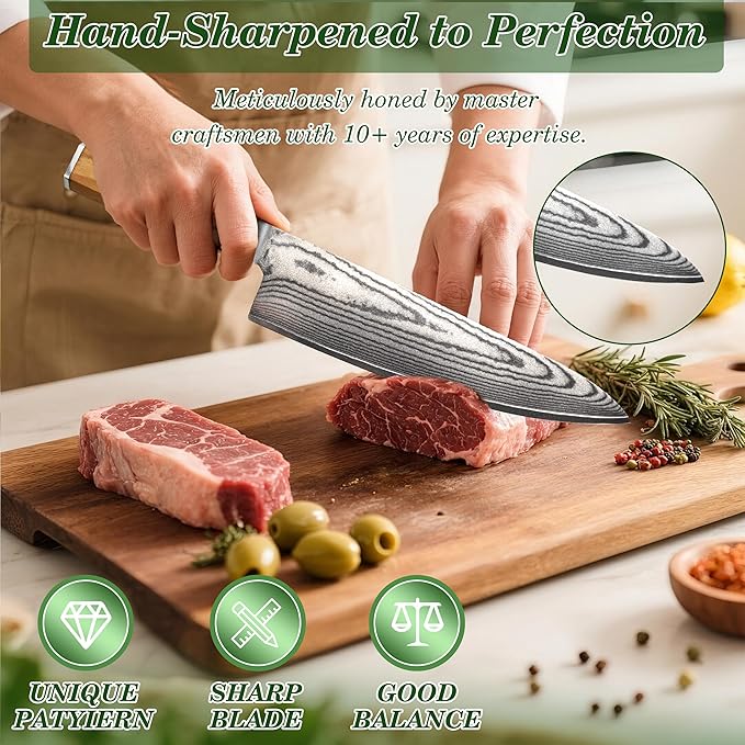 Damascus Chef Knife, 8 Inch Damascus Japanese Chef's Knife with VG10 High Carbon Steel, Professional Kitchen Knife with Olive Wood Handle & Gift Box, Sharp Cooking Knives for Home Kitchen Gift Idea
