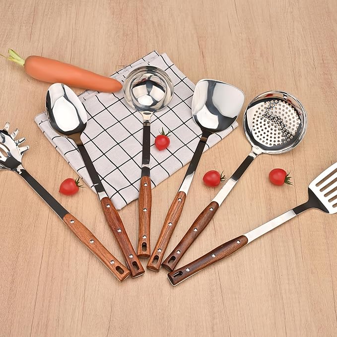 FJNATINH Wok Utensils Tools - 6 PCS Stainless Steel Kitchen Cooking Utensils Set, Include Wok Spatula, Soup Ladle, Skimmer, Spaghetti Server, Slotted Turner and Solid Spoon, Heat Resistant