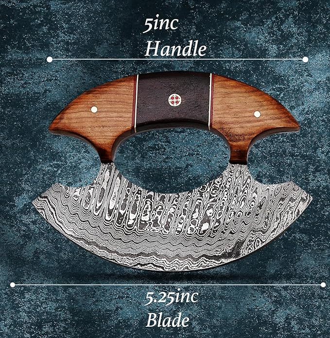 RC Knives Damascus Ulu Knife with Leather Sheath – Full Tang Handmade Alaskan ulu knives - Wooden Handle, Pizza Cutter & Salad Chopper, Meat and Herbs, Great for Outdoor Cooking and Gifts for Men