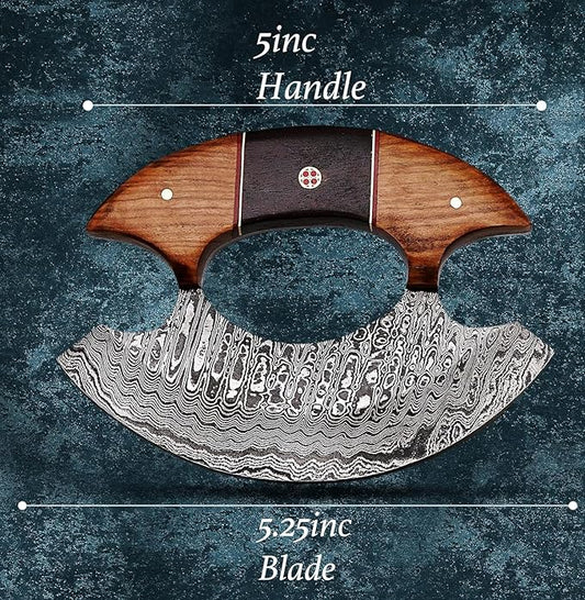 RC Knives Damascus Ulu Knife with Leather Sheath – Full Tang Handmade Alaskan ulu knives - Wooden Handle, Pizza Cutter & Salad Chopper, Meat and Herbs, Great for Outdoor Cooking and Gifts for Men