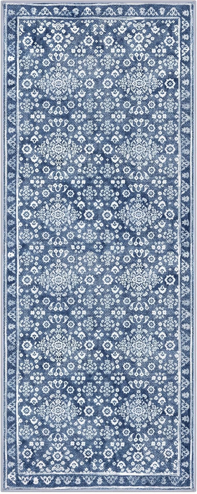 Vintage Washable 2x5 Rug Runner, Dusty Blue White Runners for hallways, Super Soft Kitchen Runner Rug Non Slip, Printed Faux Wool Floral Thin Carpet Runner for Entryway Laundry Room Bedroom