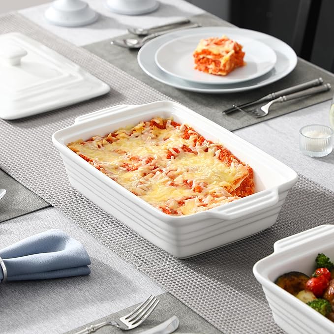 MALACASA Casserole Dish for Oven, 4.4 Qt Porcelain Baking Dish with Lid, 9x13 Baking Pan with Handles, Large Lasagna Pan Deep, Rectangular Bakeware, Microwave Safe, White, Series BAKE