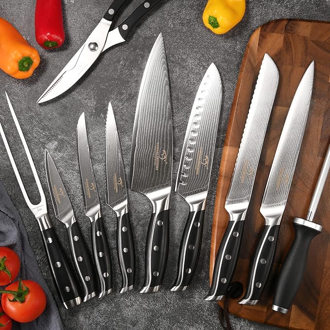 16-Piece Damascus Knife Set with Block - VG10 67-Layer Steel, Razor Sharp, Triple-Rivet Handles, 6 Steak Knives, Meat Fork, Sharpener & Scissors, Natural Wood