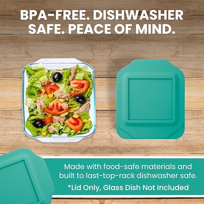 Replacement Lid for Pyrex 2-Quart 8" x 8" Glass Baking Dish #222, Compatible with Lid #222-PC, Food Storage Container Cover with Flush Tab Handles (Teal)