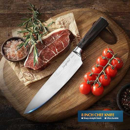 Chef Knife, Chefs Knife for Meat Cleaver Carving Chopping Cutting Made of Damascus Pattern High Carbon Stainless Steel with Pakkawood Handle, Professional 8 Inch Kitchen Knives.