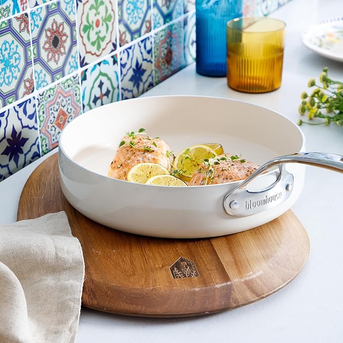 Bloomhouse 12 Piece Aluminum Pots and Pans Cookware Set w/Non-toxic Ceramic Non-stick, Ceramic Steamer Insert, & 12 Protective Care Bags - Oat White