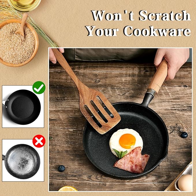 Unokit Wooden Utensil Set - 12 PCS Natural Teak Wood Kitchen Utensils Set with Wooden Spoons for Cooking and Spatula, Non-Scratch Nonstick Safe, Heat Resistant for All Cookware