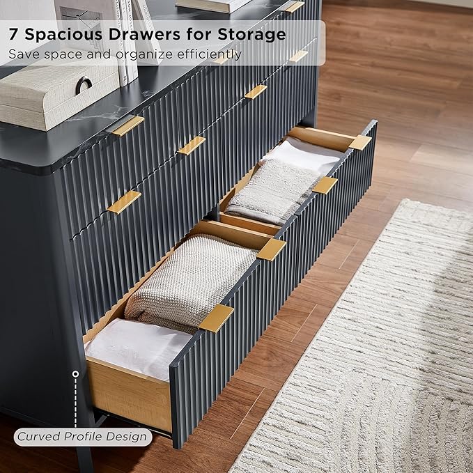 T4TREAM Fluted 7 Drawers Dresser, 54" Wide Modern Chest of Drawers with Faux Marble Top, Curved Profile Design, Dresser TV Stand, Wood Drawer Organizer for Bedroom, Living Room, Hallway, Dark Grey