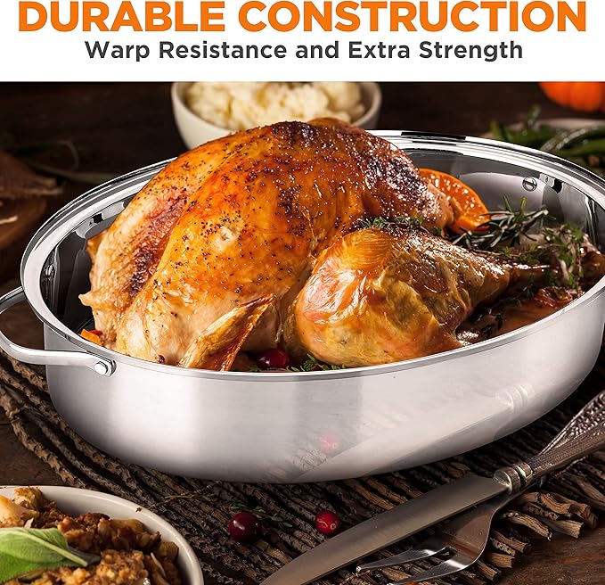 NutriChef 20" Oval Roasting Pan with Rack and Lid - Premium Stainless Steel Roaster Dish w/ Wide Handles & Removable Rack, Multi-Use Cookware for Turkey, Chicken, Stews, & More - Dishwasher Safe