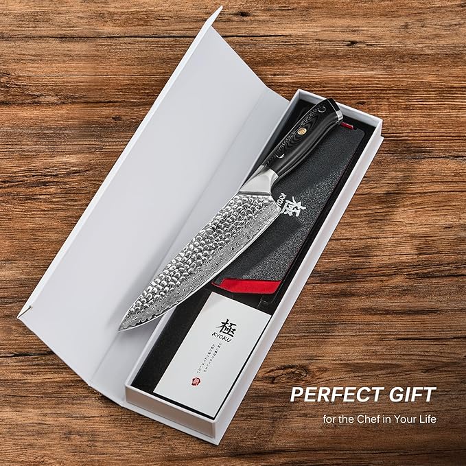 KYOKU Chef Knife - 8"- Shogun Series Japanese VG10 Steel Core Hammered Damascus Blade Kitchen Knife - with Sheath & Case