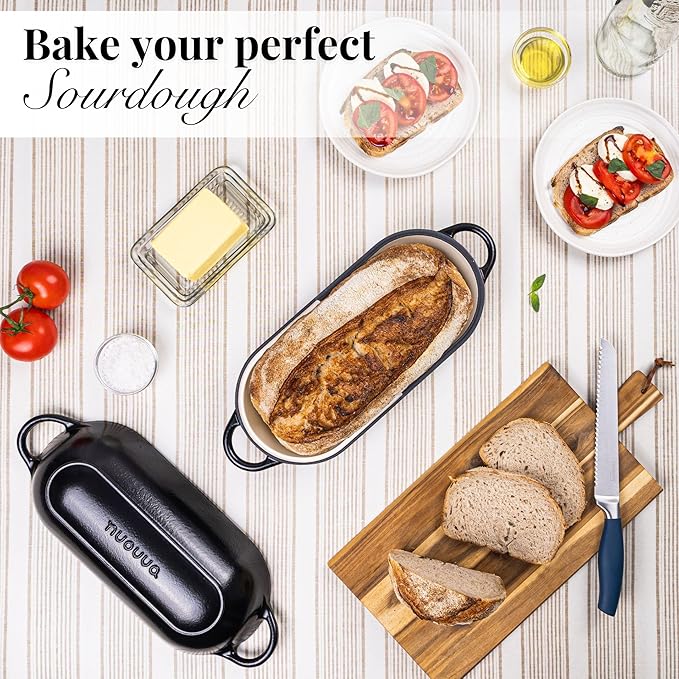 Enamelled Cast Iron Bread Loaf Pot – Dutch Oven For Sourdough Bread Baking – Oven Safe Non Stick Bread Pot – Rectangular, Black, 34cm x 16cm – by Nuovva